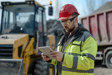 A construction engineer in a red hard hat and safety goggles, using a tablet at a construction site with heavy machinery in the background