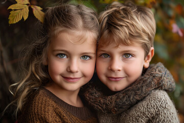 Adorable young boy and girl, siblings, smiling together in cozy sweaters, enjoying an outdoor autumn day