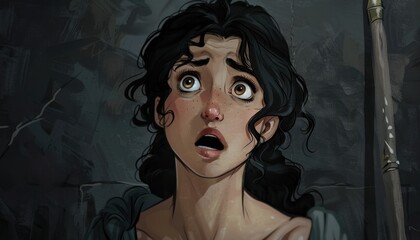 A Woman's Expression of Fear in a Dark, Stone-Walled Room