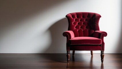 Luxurious red velvet armchair in a bright, minimalistic room, offering a stylish and comfortable seating option for elegant interiors and modern living spaces