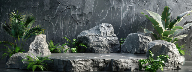 Title
Photo flat small luxury marble stone podium on rock, surrounded by tropical plants and large stones, 3D illustration for product display, natural and elegant forest theme
