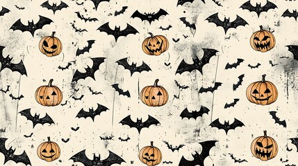 Halloween Bats and Jack-o'-Lanterns on a Distressed Background