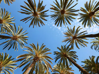 Fototapeta premium Alley of palm trees along the road, view from below. Neural network AI generated art