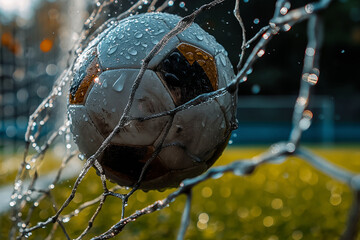 Soccer ball in football net, created with Generative AI technology
