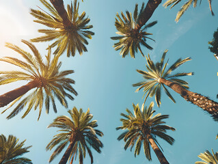 Fototapeta premium Alley of palm trees along the road, view from below. Neural network AI generated art