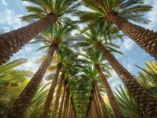 Obraz premium Alley of palm trees along the road, view from below. Neural network AI generated art
