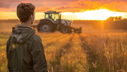 Young Boy Watches Tractor Work in Field at Sunset