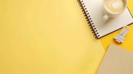 Open notebook and cup of coffee with an isolated yellow background