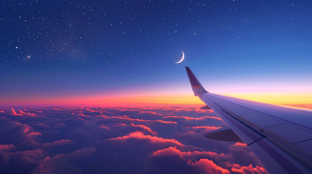 View from an airplane window at night: blue sky with the moon and stars above the clouds, an airplane wing on the right side of the frame, and a colorful sunset in the background. Photorealistic.