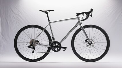 Fototapeta premium Close-up of a modern silver road bicycle with a sleek design displayed on a white background