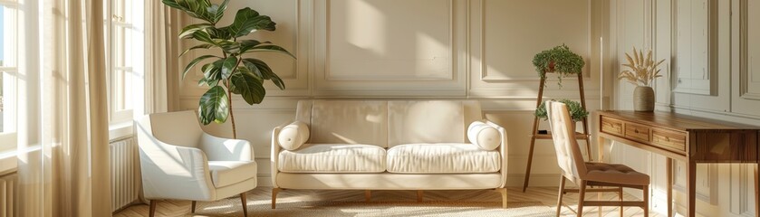 Cozy Sunlit Living Room with Modern Furniture and Indoor Plants in a Bright, Minimalist Design