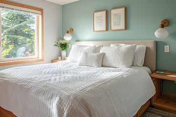 Fototapeta premium Cozy bedroom with soft teal walls, white bedspread, and light wood furniture. Bright, calming, and minimal.