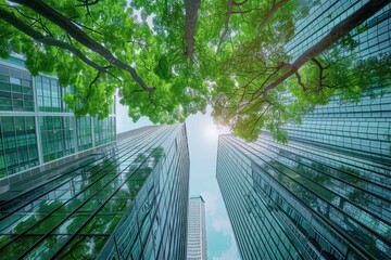 Obraz premium Glass Buildings Reflected in Green Tree Canopy
