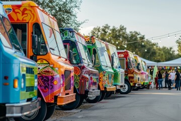 Row of Colorful Food Trucks Lined Up at an Event