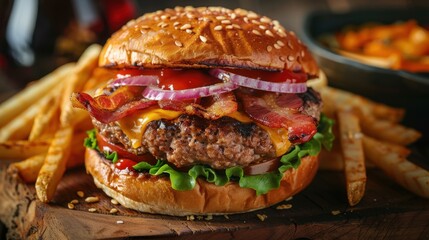 Delicious Gourmet Bacon Cheeseburger with Fries on Wooden Board in Rustic Setting