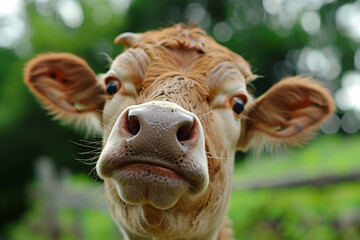 Funny little cow looking into camera, closeup portrait