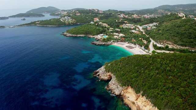 Aerial drone view of the Preveza coastline in the Epirus region in Greece. High view of the exotic Alonaki beach and other small beaches in the distance close to Parga.