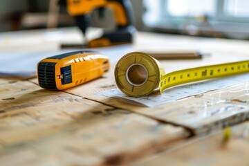 Measuring Tape, Power Tool and Blueprint on Wood