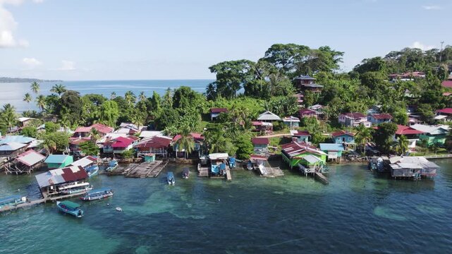 Aerial view of Bastimentos Island, located in the scenic Bocas Del Toro District of Panama. Dolly right