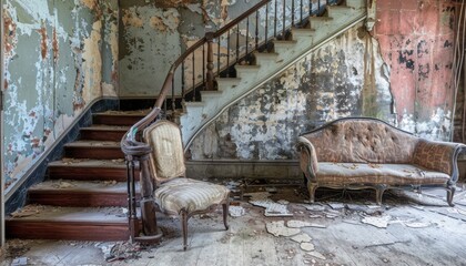 Abandoned Victorian Home Interior With Worn Furniture and Decaying Walls