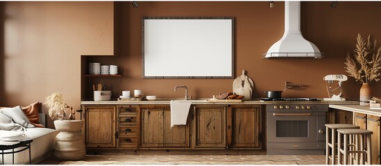 Cozy kitchen with a warm brown theme, blank mockup frame on the wall, rustic wooden cabinets, and modern appliances.