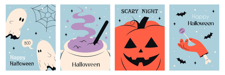 Halloween party posters set Halloween vector illustration on social media. Cute creepy illustrations on a blue background in flat style. Vector stock illustration for cards, flyers, posts, stories