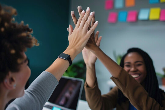 Unity, good teamwork, successful partnership and collaboration concept. Three diverce race business colleagues performing high five clap
