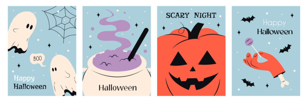 Halloween party posters set Halloween vector illustration on social media. Cute creepy illustrations on a blue background in flat style. Vector stock illustration for cards, flyers, posts, stories