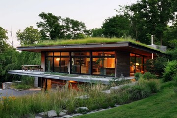 Modern House with Green Roof and Landscaped Yard