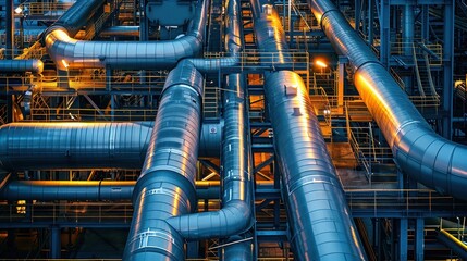 Industrial Complex with Metallic Pipelines and Structures Illuminated by Warm Lights in a Factory Setting