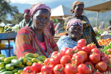 African Market Scene with Women Selling Tomatoes and Cucumbers
