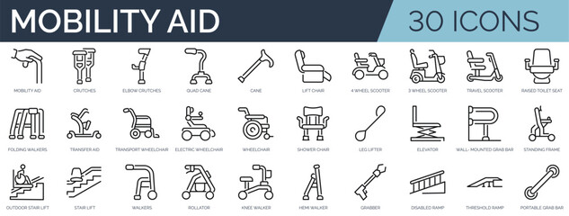 Set of 30 outline icons related to mobility aid. Linear icon collection. Editable stroke. Vector illustration