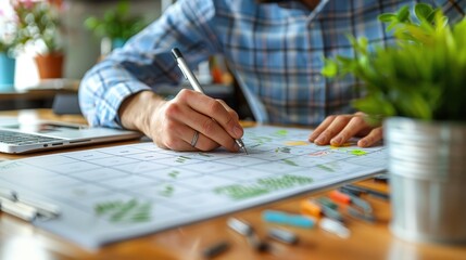 Fototapeta premium Photography of a person writing on a planning calendar, clear background, close-up shot, space for text.