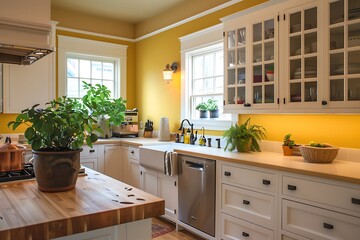 Cozy kitchen with mustard yellow walls, white cabinets, and a butcher block countertop. Potted plants add a touch of greenery.