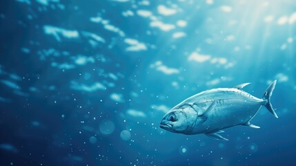 Fish underwater Blue ocean sea background with sun rays Water depths Discount banner for your advertisement presentation ads