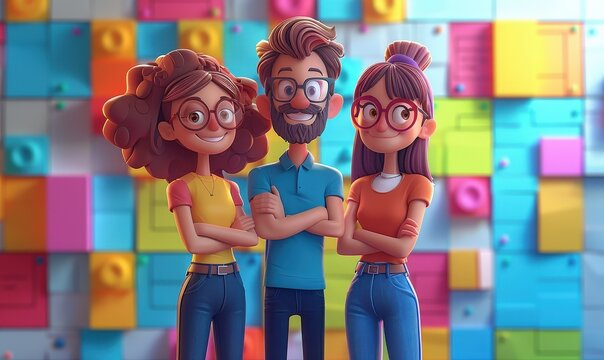 Cute cartoon characters discussing a project plan, colorful and playful background, perspective view, space for text.