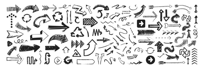 Chalk hand drawn pencil arrows. Big set black scribble arrows icons in hand drawn style. Doodle arrow sketch sign and set of hand drawn.
