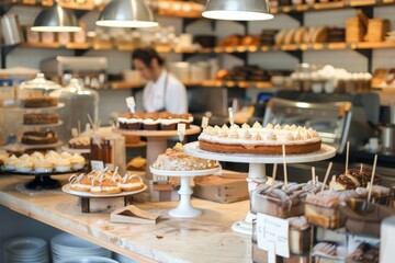 Assortment of Cakes and Pastries in a Bakery Display