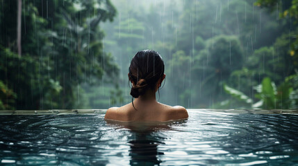 Relaxation and spa concept. Woman relaxing in the pool, view from the back.