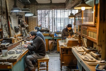 Three Craftsmen Working on Intricate Pieces in a Workshop