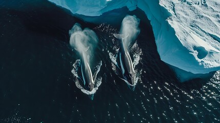 Obraz premium Aerial view of two humpback whales spouting and eating in front of an Iceberg