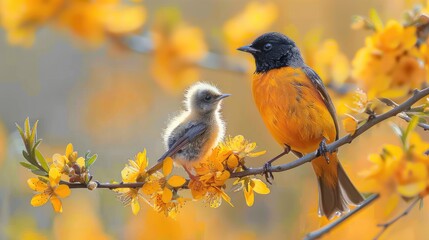 beautiful bird and its baby perched on the branches of some yellow flowers