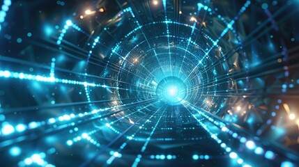 High-tech 3D tunnel with interconnected digital lines and lights