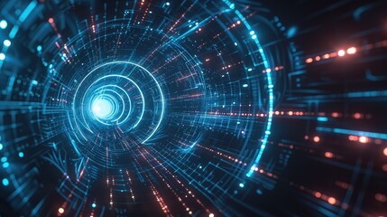 High-tech 3D tunnel with interconnected digital lines and lights