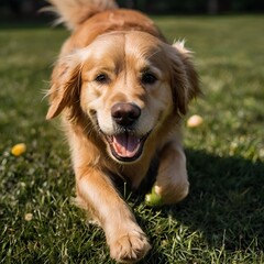 Golden Retriever dog playing in the field ,happy dog, loyal animal
