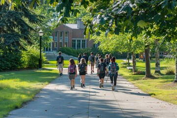 Group of Students Walking on a Path through a College Campus