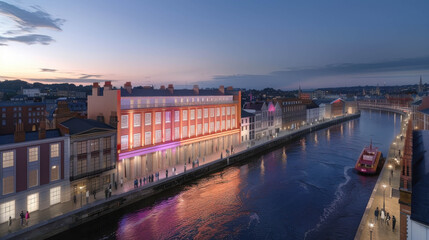 Fototapeta premium A lively cityscape at twilight featuring buildings illuminated with colorful lights reflecting on a serene river. People stroll along the riverside, adding to the urban charm.