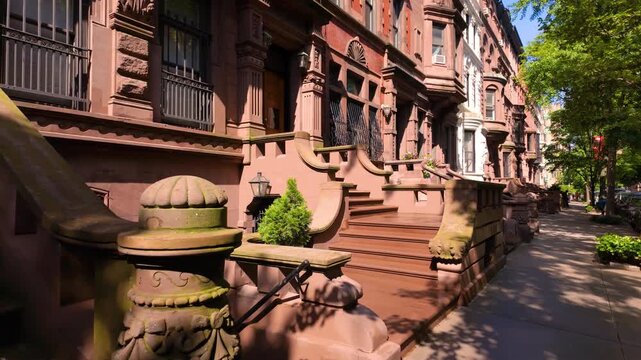 Rows of Brownstones in Cental Park West Historic District. Townhouses in Upper West Side, Manhattan, New York City