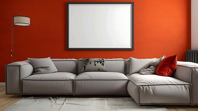 Cozy living room with a burnt orange wall, blank frame above a minimalist gray sofa. Bold and bright design.