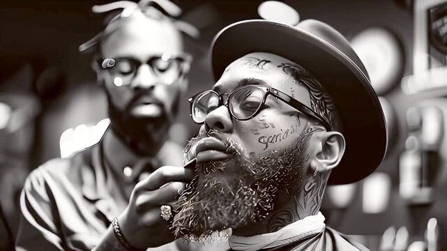 Barbershop. A barber shaves the beard of a black client. Stylized black and white video